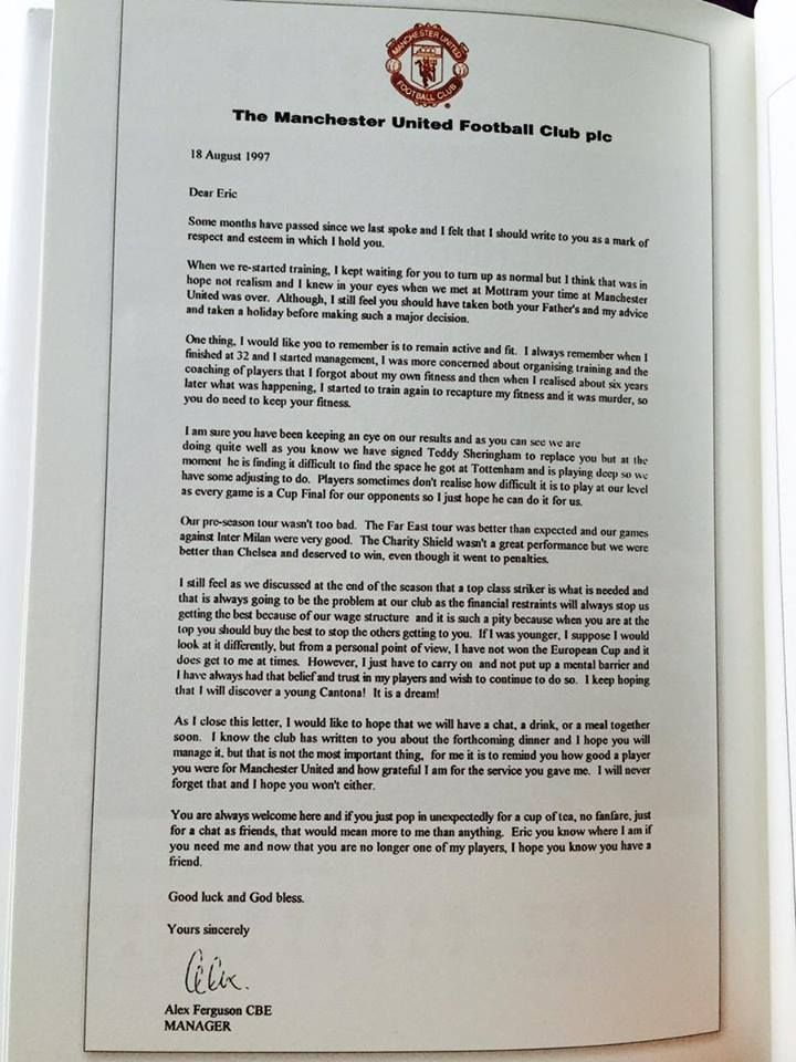 letter from Sir Alex Ferguson to Cantona after Cantona's retirement